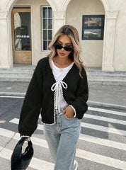 Women's Tie-Front Cardigan – Cropped Knit Layer with Contrast Trim