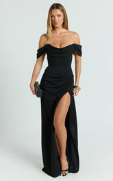 Marcel Maxi Dress - Off Shoulder Corset High Split Dress in Black