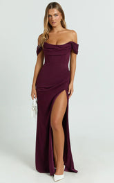 Marcel Maxi Dress - Off Shoulder Corset High Split Dress in Wine