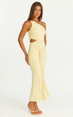 Mandy Midi Dress - Knot Detail Cut Out Mesh Dress in Lemon