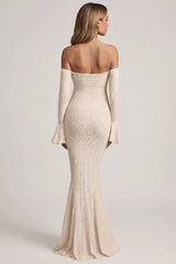 Off-Shoulder Ruffle Lace Maxi Dress in Ivory
