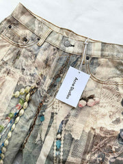 Acne Studios Men's & Women's Lace Pearl Chain 3D Print Four-Season Relaxed Mid-Rise Straight-Leg Curved Hem Denim Pants #81549
