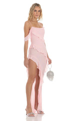 Chiffon Ruffle Maxi Dress in Pink