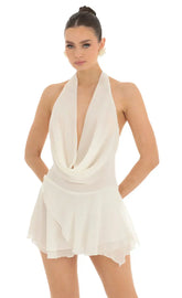 Draped Plunge Neck Dress in White