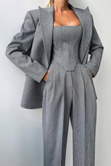 Women's Three-Piece Trouser Suit – Double-Breasted Blazer. Corset Top. Wide-Leg