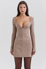 Angelie-Brown Puppytooth Check Plunge Mini Dress - SALE