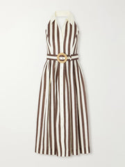 Quentin belted pleated striped cotton-poplin halterneck midi dress