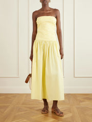 Strapless ruched organic cotton-poplin midi dress