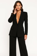 Ladies Plunging Trouser Suit Set – Single-Button Blazer. Straight-Leg