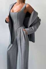 Women's Three-Piece Trouser Suit – Double-Breasted Blazer. Corset Top. Wide-Leg