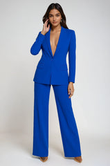 Ladies Plunging Trouser Suit Set – Single-Button Blazer. Straight-Leg