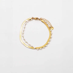 Gold Snake Chain and Pearl Chain Bracelet