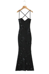Black Embroidered Fitted Straps Dress