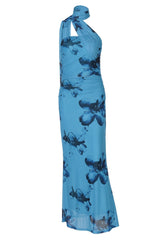 Blue Floral Halter Fitted Long Dress