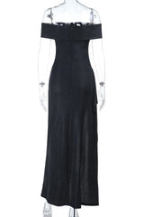 Black Folded Off the Shoulder Black Frill Dress