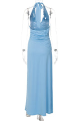 Blue Halter Tie Slit Long Dress