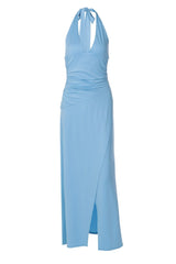 Blue Halter Tie Slit Long Dress