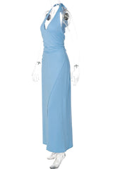 Blue Halter Tie Slit Long Dress