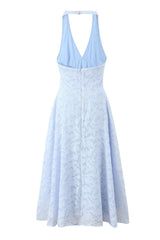 Blue Jacquard Halter V-Neck A-Line Long Dress
