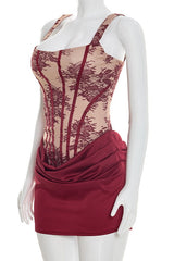 Burgundy Satin Floral Bodycon Mini Dress