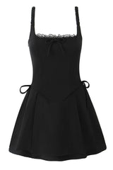 Black Square Lace Neck Bow Short Dress