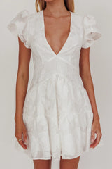 Irenna Ruffle Sleeve V-Neck Mini Dress Textured White