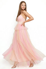 Two Tone Mesh Ruffle Maxi Dress