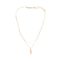 Fish Charm Pearl and Gold Layered Necklace