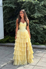 Blue Corset Chiffon Tiered Formal Gown