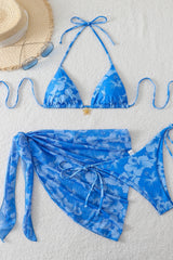 Blue Chiffon Print Three-Piece Bikini Set