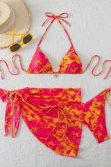 Blue Chiffon Print Three-Piece Bikini Set