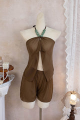 Brown Halter Tulle Two-piece Bikini Set