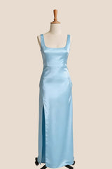 Black Satin Square Neck Fitted Long Bridesmaid Dress