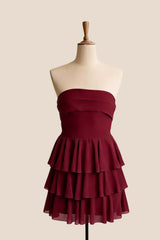 Burgundy Chiffon Tiered Short Dress