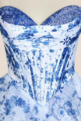 Blue Floral Beaded A-line Short Tiered Dress