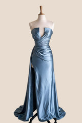Blue Cutout Ruched Slit Formal Dress