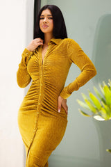 Symphony Dress - Textured Fabric Button Up Front Midi Shirt Dress