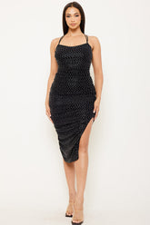 Foil With Rhinestone Shirring Midi Dress