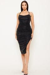 Foil With Rhinestone Shirring Midi Dress
