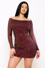 Symphony Dress - Rhinestone On Power Mesh Off The Shoulder Mini Dress