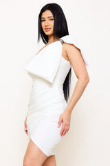 Extra Large Bow On One Shoulder Glitter Mini Dress
