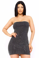 Rhinestone On Power Mesh Tube Top Mini Dress