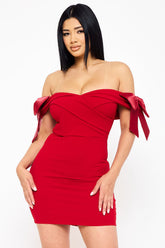 Symphony Dress - Satin Bow On Sleeve Off The Shoulder Mini Dress