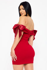 Symphony Dress - Satin Bow On Sleeve Off The Shoulder Mini Dress