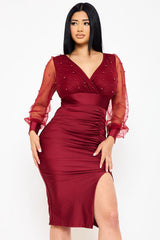 Symphony Dress - Pearl Beaded On Mesh With Contrast Power Satin Midi Dress