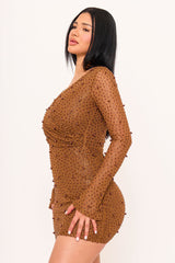 Pearl Detailed Wavy Mesh Mini Dress