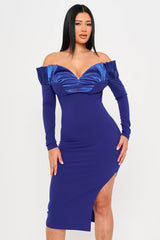 Symphony Dress - Off The Shoulder With Satin Ruffle Top Midi Dress