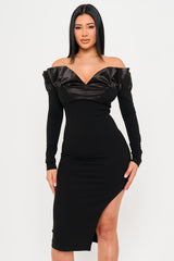 Symphony Dress - Off The Shoulder With Satin Ruffle Top Midi Dress