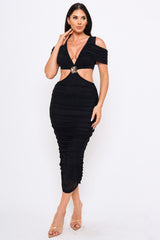 Mesh Shirring On Open Shoulder With Cutout Waist Midi Dress