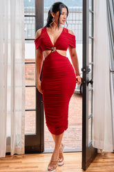 Symphony Dress - Mesh Shirring On Open Shoulder With Cutout Waist Midi Dress
